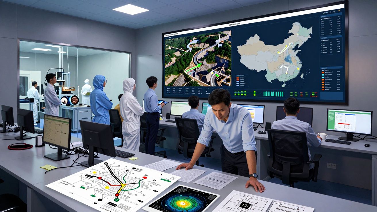 Sala de control con pantallas grandes, personal en mesas de trabajo y equipo en trajes de laboratorio detrás de un vidrio.