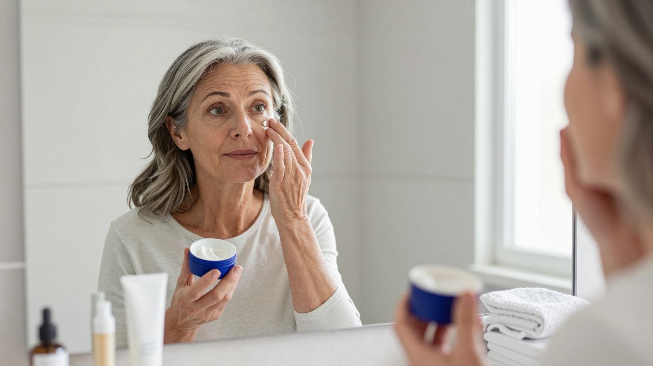 Mujer mayor aplicando crema facial frente al espejo en el baño.