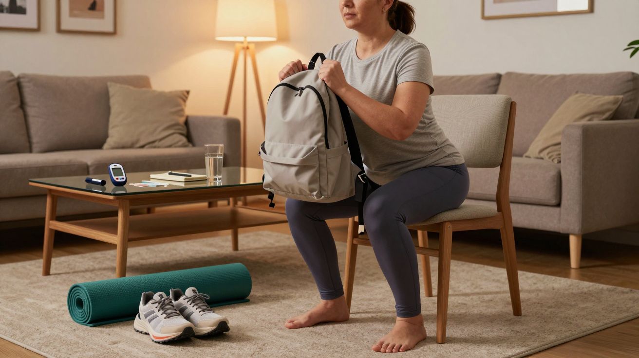 Mujer haciendo ejercicios con mochila en casa, sentada en silla, alfombra y esterilla en el suelo, zapatillas al lado.