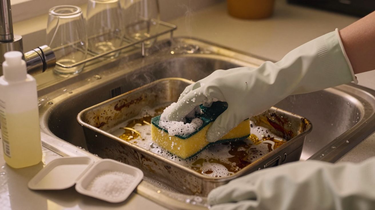 Mano con guante lavando un molde de cocina en fregadero con esponja y jabón.