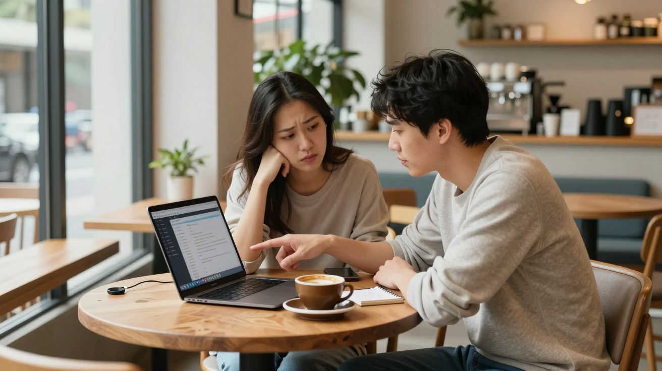Pareja joven trabajando en un portátil en una cafetería, con expresión seria y taza de café en la mesa.