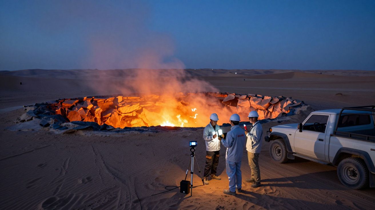 Tres personas con cascos observan un cráter en llamas en el desierto junto a un todoterreno al anochecer.