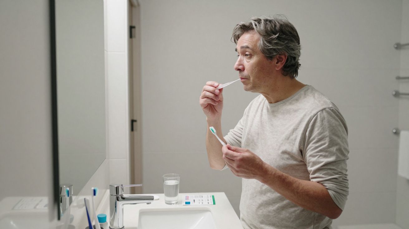 Hombre en un baño mirándose al espejo mientras se cepilla los dientes con un cepillo de dientes azul.