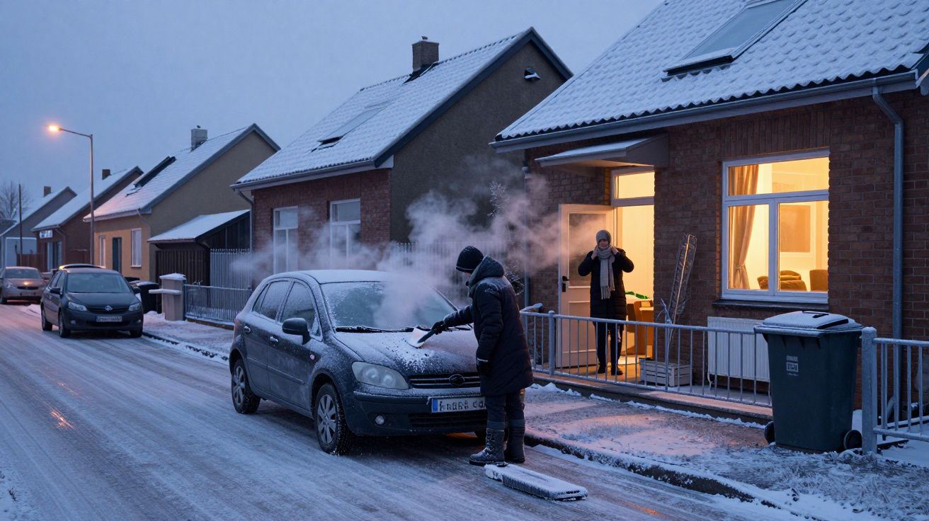 Persona quitando nieve de un coche en una calle nevada, mientras otra observa desde la entrada de una casa iluminada.