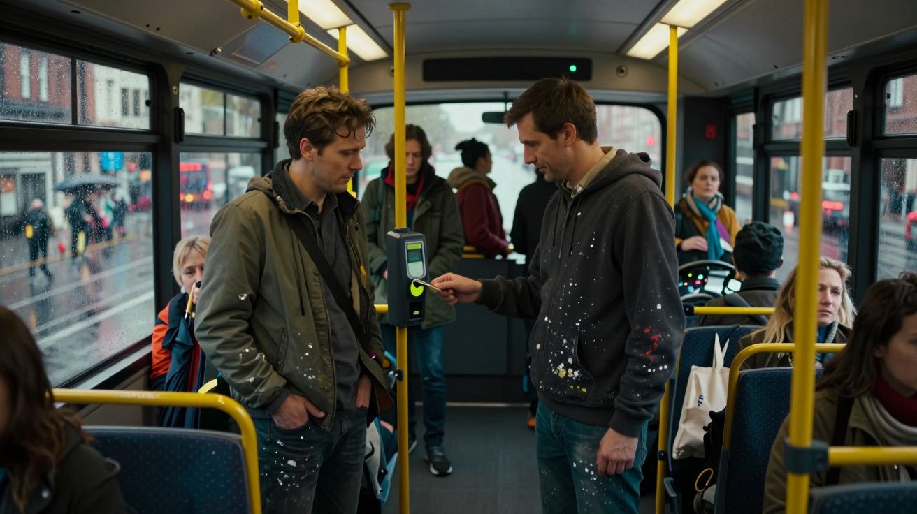 Pasajeros en un autobús urbano, dos hombres de pie, uno usando el validador, varios pasajeros sentados al fondo.