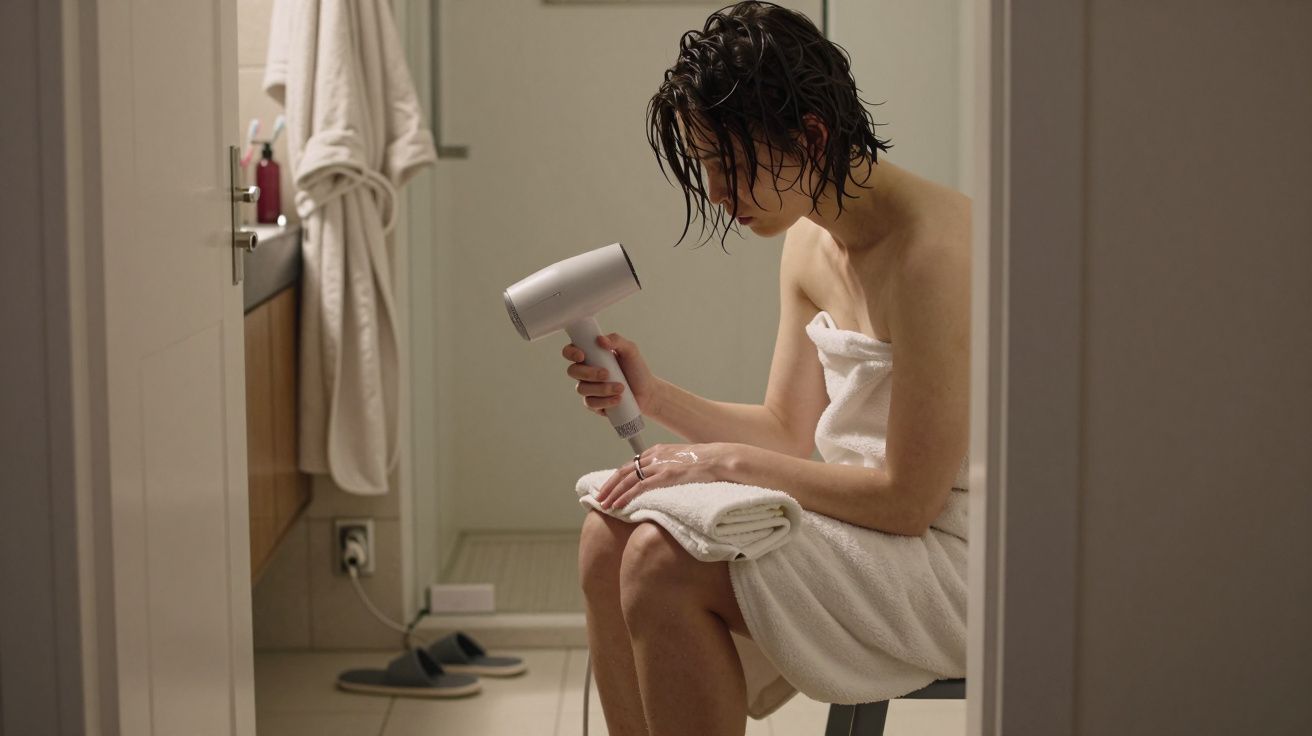 Persona con toalla en el baño, secando el cabello mojado con un secador.